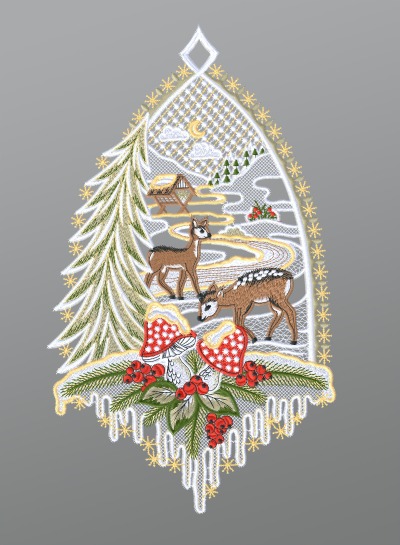 ArtikelbildFensterbild aus Plauener Spitze - Rehe mit Tannenbaum #1W mehrfarbig