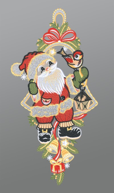 ArtikelbildFensterbild aus Plauener Spitze® - Weihnachtsmann mit Vögelchen #1W mehrfarbig
