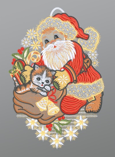 ArtikelbildFensterbild aus Plauener Spitze - Weihnachtsmann mit Ktzchen #1W mehrfarbig