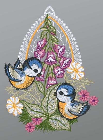 ArtikelbildFensterbild aus Plauener Spitze - Blaumeisen Paar mit Fingerhut #1W mehrfarbig