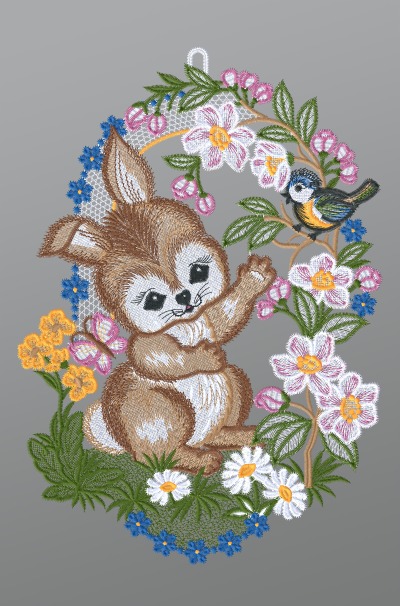 ArtikelbildFensterbild aus Plauener Spitze - Kleiner Hase mit Vgelchen #1W mehrfarbig