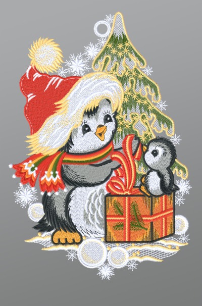 ArtikelbildFensterbild aus Plauener Spitze - Weihnachtspinguine mit Geschenk #1W mehrfarbig