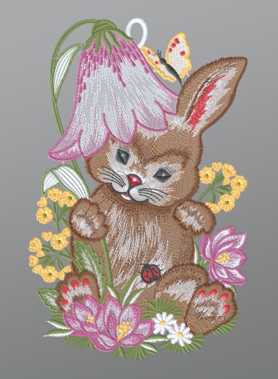ArtikelbildFensterbild aus Plauener Spitze - Osterhase mit Bltenhut #1W mehrfarbig