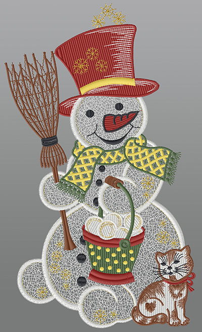 ArtikelbildFensterbild aus Plauener Spitze® - Schneemann mit Kätzchen #1W mehrfarbig