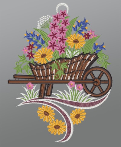 ArtikelbildFensterbild aus Plauener Spitze - Schubkarre mit Blumen #1W mehrfarbig