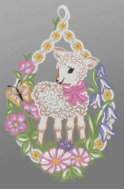 ArtikelbildFensterbild aus Plauener Spitze - Osterlmmchen mit Blumen #1W mehrfarbig