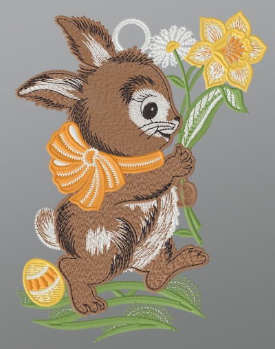 ArtikelbildFensterbild aus Plauener Spitze - Hase mit Osterglocke #1W mehrfarbig