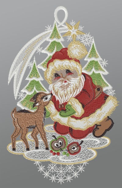 ArtikelbildFensterbild aus Plauener Spitze - Weihnachtsmann fttert Rehkitz #1W mehrfarbig