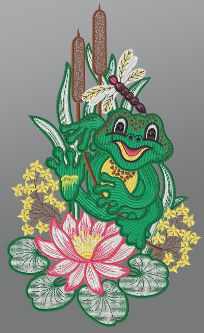ArtikelbildFensterbild aus Plauener Spitze - Frosch am Teich #1W mehrfarbig