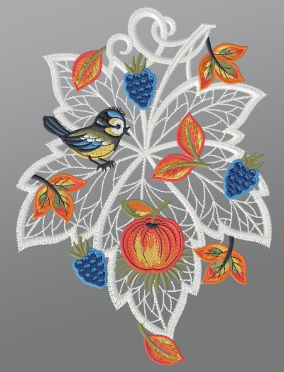 ArtikelbildFensterbild aus Plauener Spitze - Herbstblatt mit Blaumeise #1W mehrfarbig