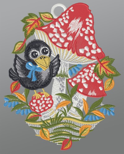 ArtikelbildFensterbild aus Plauener Spitze - kleiner Rabe unterm Fliegenpilz #1W mehrfarbig