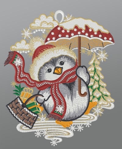 ArtikelbildFensterbild aus Plauener Spitze - Pinguin bringt Geschenke #1W mehrfarbig