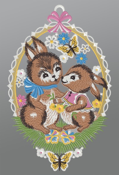 ArtikelbildFensterbild aus Plauener Spitze® - Hasenpaar #1W mehrfarbig
