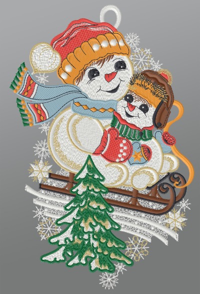 ArtikelbildFensterbild aus Plauener Spitze - Schneemannkinder auf dem Schlitten #1W mehrfarbig