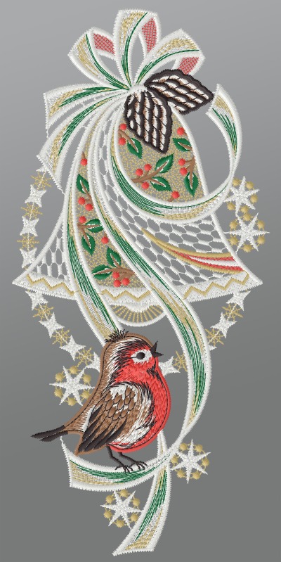 ArtikelbildFensterbild aus Plauener Spitze - Weihnachtsglocke mit Rotkehlchen #1W mehrfarbig