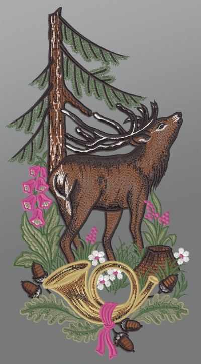 ArtikelbildFensterbild aus Plauener Spitze® - Hirsch mit Jagdhorn #1W mehrfarbig