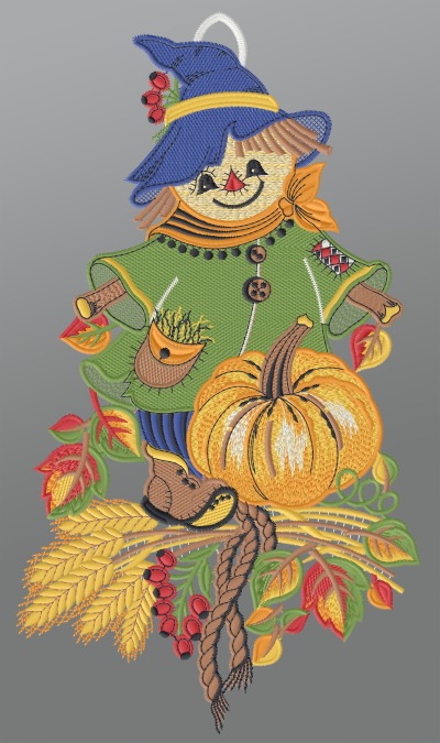 ArtikelbildFensterbild aus Plauener Spitze - Herbstliche Vogelscheuche  #1W mehrfarbig