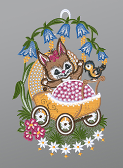 Fensterbild aus Plauener Spitze - Hasenbaby im Kinderwagen #1W mehrfarbig
