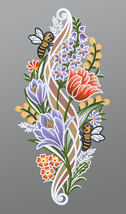 Fensterbild aus Plauener Spitze - Lilien mit Bienen #1W mehrfarbig