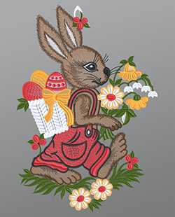 Fensterbild aus Plauener Spitze - Hase mit Osterkörbchen #1W mehrfarbig