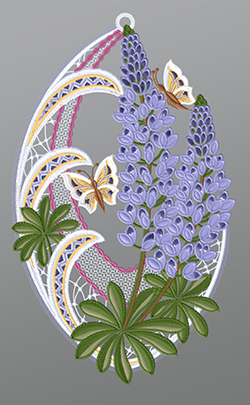 Fensterbild aus Plauener Spitze - Lupinen mit Schmetterlingen #1W in Violett-mehrfarbig
