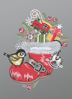 Fensterbild aus Plauener Spitze - Nikolausstiefel mit Vögelchen #1W mehrfarbig