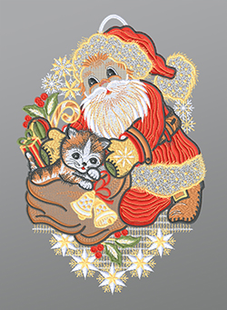 Fensterbild aus Plauener Spitze - Weihnachtsmann mit Kätzchen #1W mehrfarbig