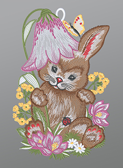 Fensterbild aus Plauener Spitze - Osterhase mit Blütenhut #1W mehrfarbig