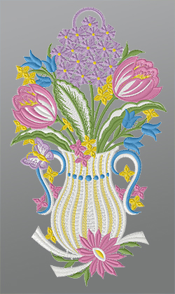 Fensterbild aus Plauener Spitze - Vase mit Frühlingsblumen #1W mehrfarbig