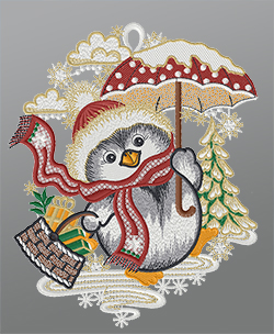 Fensterbild aus Plauener Spitze - Pinguin bringt Geschenke #1W mehrfarbig