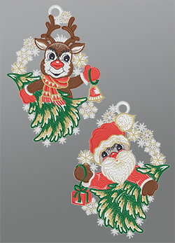 Fensterbild aus Plauener Spitze - 2er Set Rudolph und Santa #1W mehrfarbig