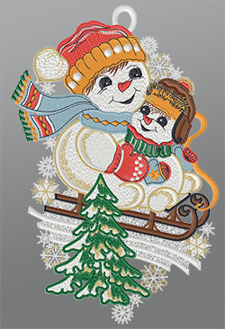 Fensterbild aus Plauener Spitze - Schneemannkinder auf dem Schlitten #1W mehrfarbig