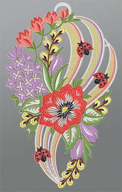 Fensterbild aus Plauener Spitze - Sommerblumen mit Marienkäfer #1W mehrfarbig