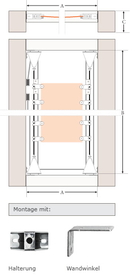 Montage innerhalb der Fensterrahmen - Halterung Seilzugsystem mit Wandwinkeln